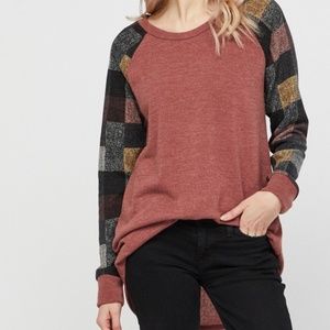 New Boutique Rust Top with Contrast Plaid Sleeves